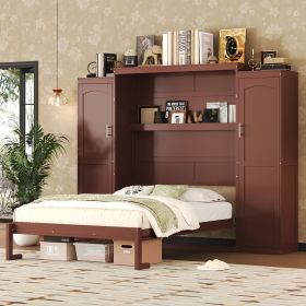 Full Size Murphy Bed, Wooden Full Wall Bed with 2 Wardrobe and Storage Shelf, Multifunctional Foldable Platform Bedframe for Guest-Room, Bedroom