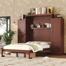 Queen Size Murphy Bed, Wooden Queen Wall Bed with 2 Wardrobe and Storage Shelf, Multifunctional Foldable Platform Bedframe for Guest-Room, Bedroo