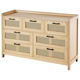 7 Drawer Rattan Dresser, Natural Rattan Wood Dressers with LED Light
