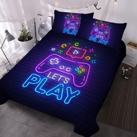 Gaming Bedding Sets for Boys Trippy Gamer Bed Set with Duvet Cover Pillowcases Neon Purple Blue 3 Piece Game Contoller Bedding Set for Kids Teens (Color: Purple, size: Queen)