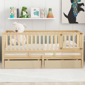 Twin Size Wood Daybed with Fence Guardrails and 2 Drawers, Split into Independent Floor Bed & Daybed (Color: NATURAL)