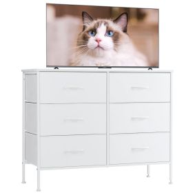 Dresser for Bedroom 6 Drawers Wide Fabric Storage Units Chest of Drawers for Bedroom with Metal Frame and Wooden Top for TV (Color: White)