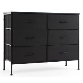 Dresser for Bedroom 6 Drawers Wide Fabric Storage Units Chest of Drawers for Bedroom with Metal Frame and Wooden Top for TV (Color: BLACK)