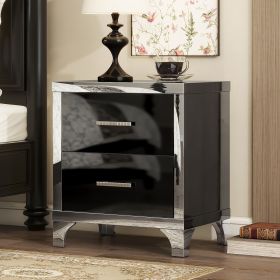 Elegant High Gloss Nightstand with Metal Handle,Mirrored Bedside Table with 2 Drawers for Bedroom,Living Room (Color: BLACK, Material: MDF)